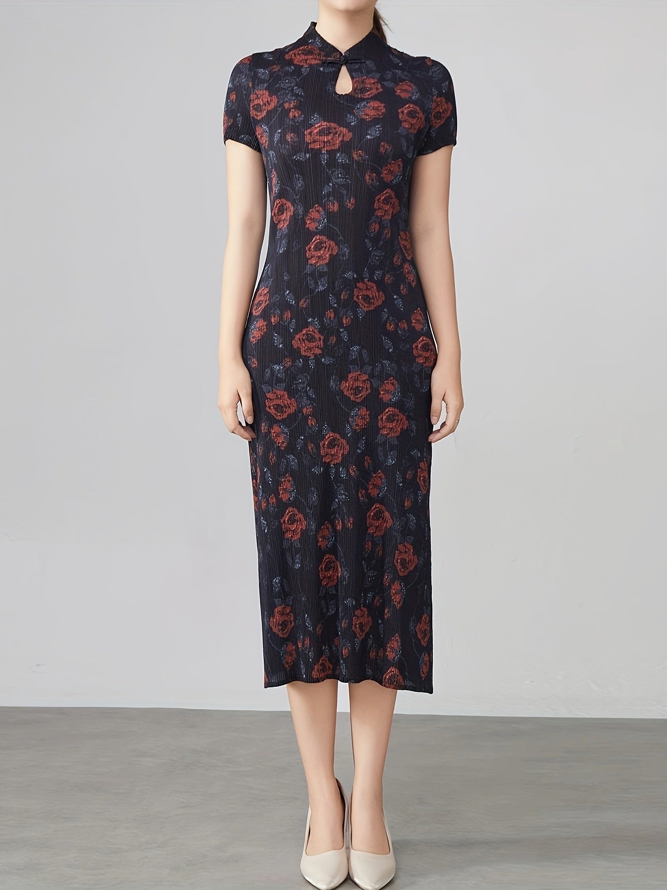 Plus Size Floral Print Qipao Dress Short Sleeve High Stretch Loose Fit Evening Wear