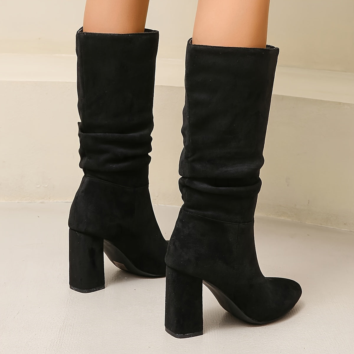 Women's Slouchy Mid Calf Boots Faux Leather Pointed Toe Block Heel