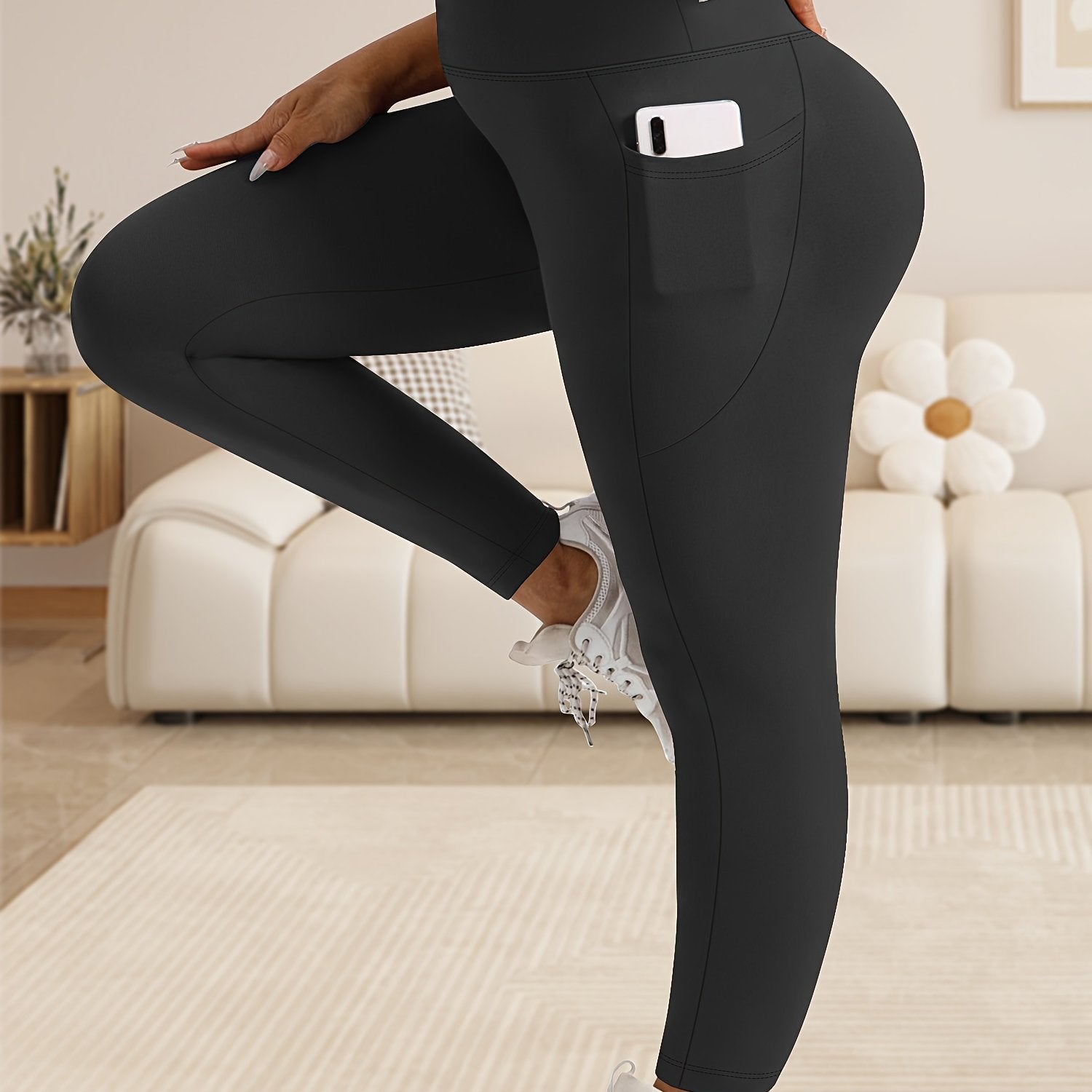 Plus Size Women's High-Waist Leggings with Tummy Control and Moon Pocket