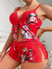 Plus Size Floral Print Lace Sleepwear Set with Split Red Roses Pink Floral