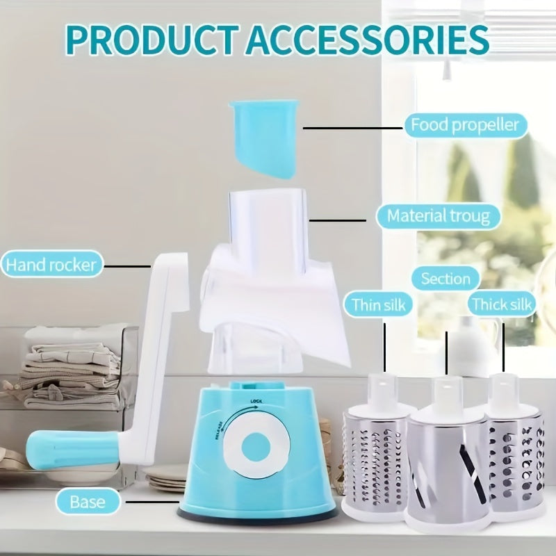 Rotary Drum Vegetable Cutter with Multiple Blades for Slicing, Dicing, Grating