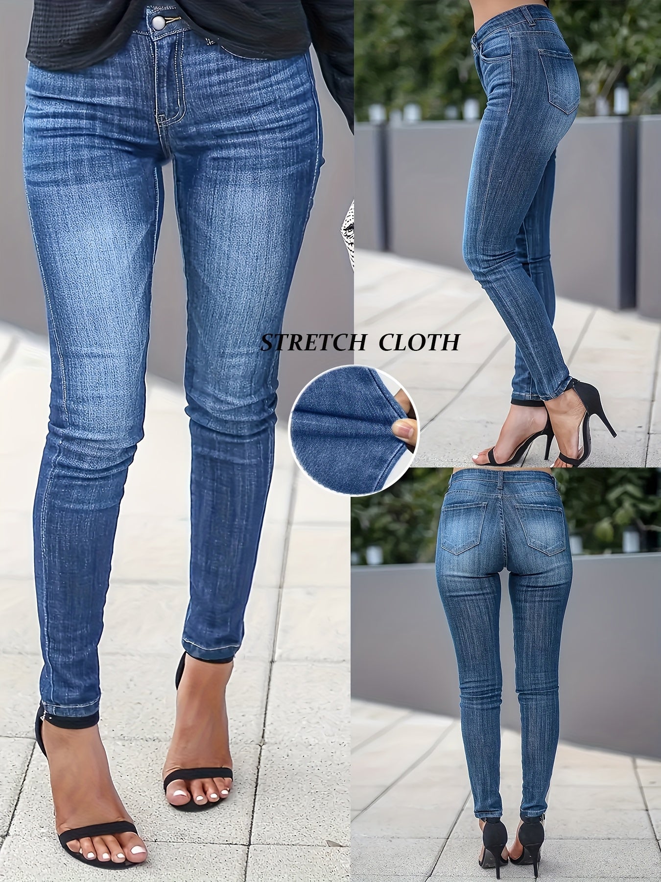 Women's Blue Elastic Denim Skinny Jeans Water Wave Wash