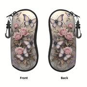 Women's Glasses Case with Flowers and Butterflies Portable Rubber Zipper Cover