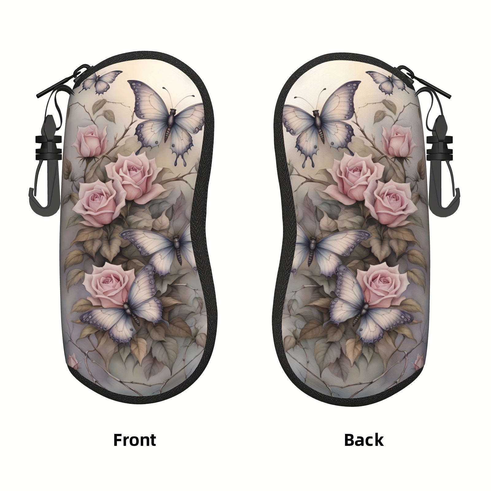 Women's Glasses Case with Flowers and Butterflies Portable Rubber Zipper Cover