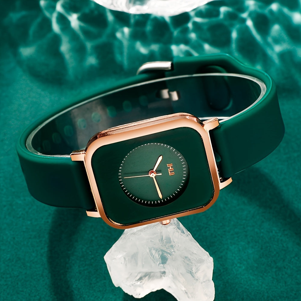Ayollar uchun kvarts soat kvadrat zink alloy korpusi silikon taxtasi bilan zamonaviy va nafis, qayta zaryad qilinmaydigan batareya