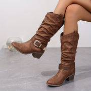 Women's Mid-Calf Faux Leather Slip-On Boots with Chunky Heel and Buckle