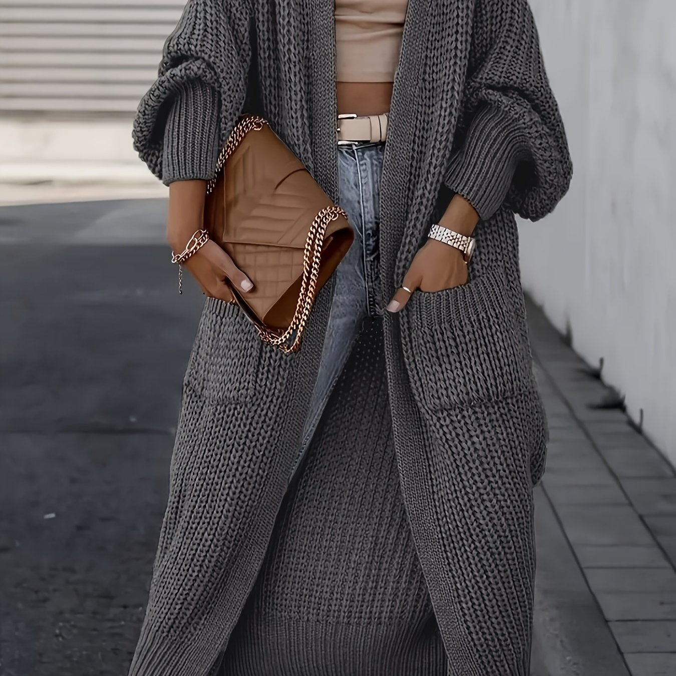 Plus o'lcham ayollar uchun kundalik uzun qo'lqopli kardigan zaytun yashil, kuz-qish