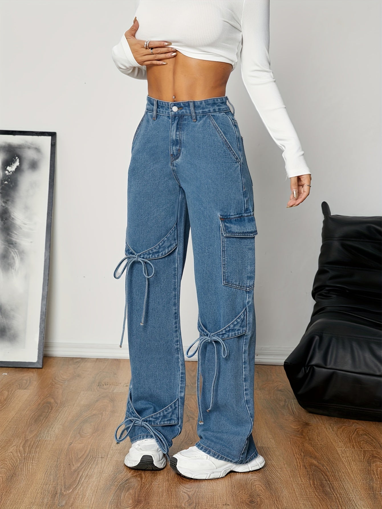 Women's Casual Denim Jeans High Waist Straight Leg Solid Cotton Blend Spring Fall