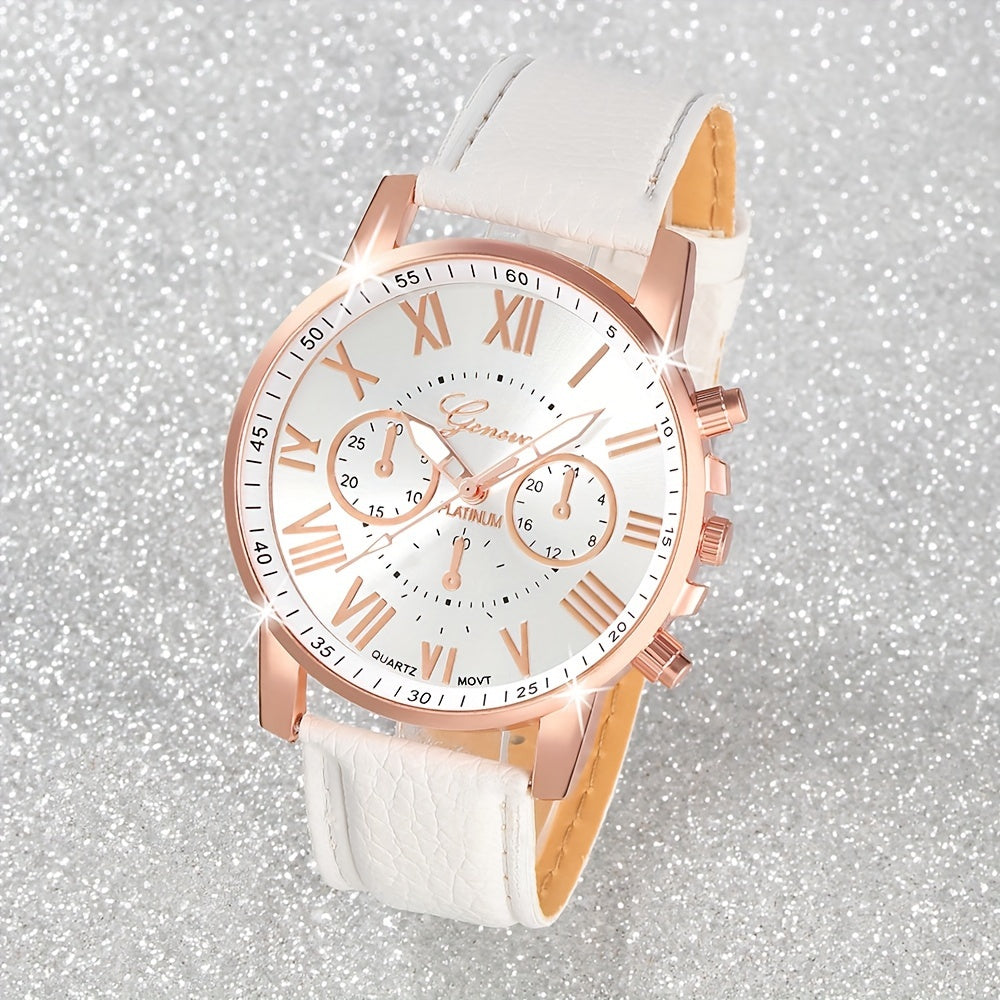 Set of 5 White Quartz Watches with PU Leather Straps and Rhinestone Jewelry for Women