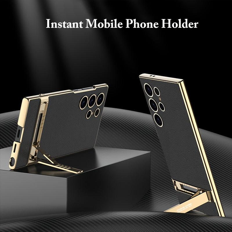 Faux Leather Phone Case for Galaxy S24 Ultra with Kickstand and Shockproof Protection