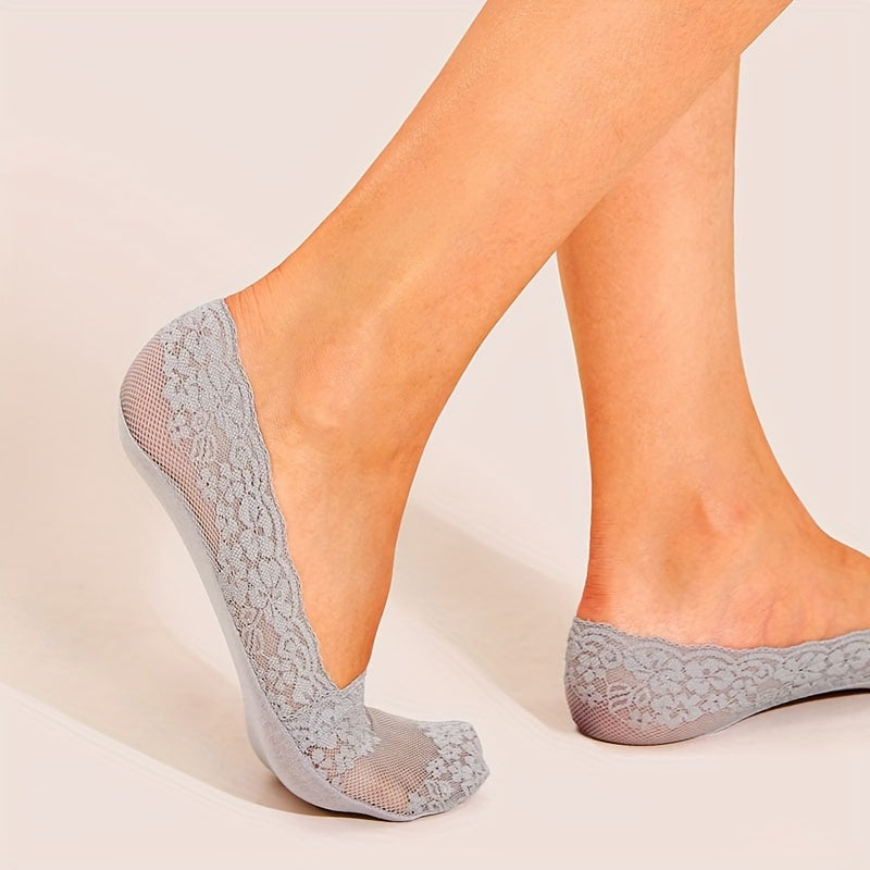 Women’s No-Show Socks Set of 5 with Contrast Lace Cherry Blossom Design Polyester Spandex