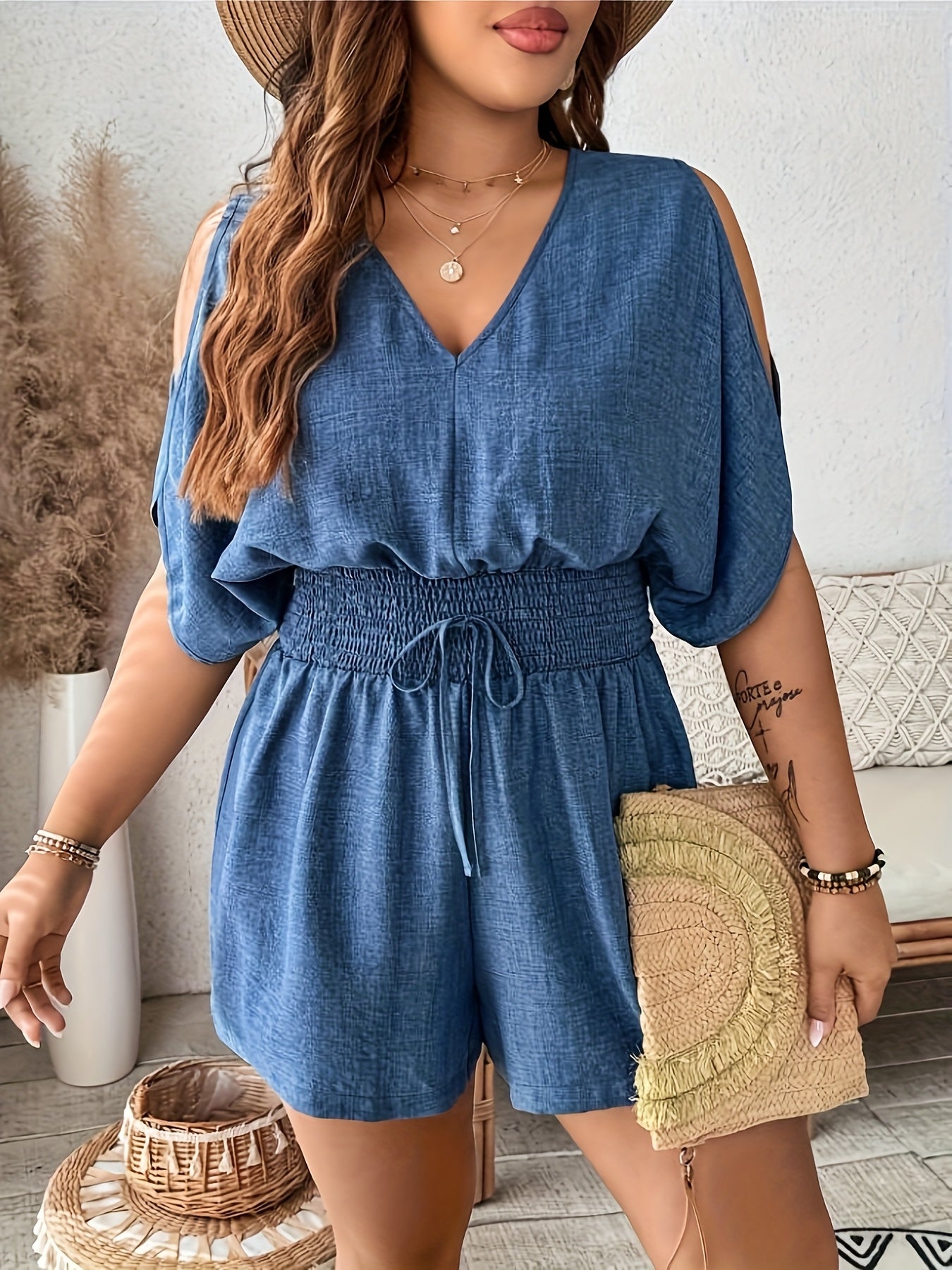 Plus Size Women's V-Neck Off-Shoulder Jumpsuit Smocked Waist Lightweight Breathable
