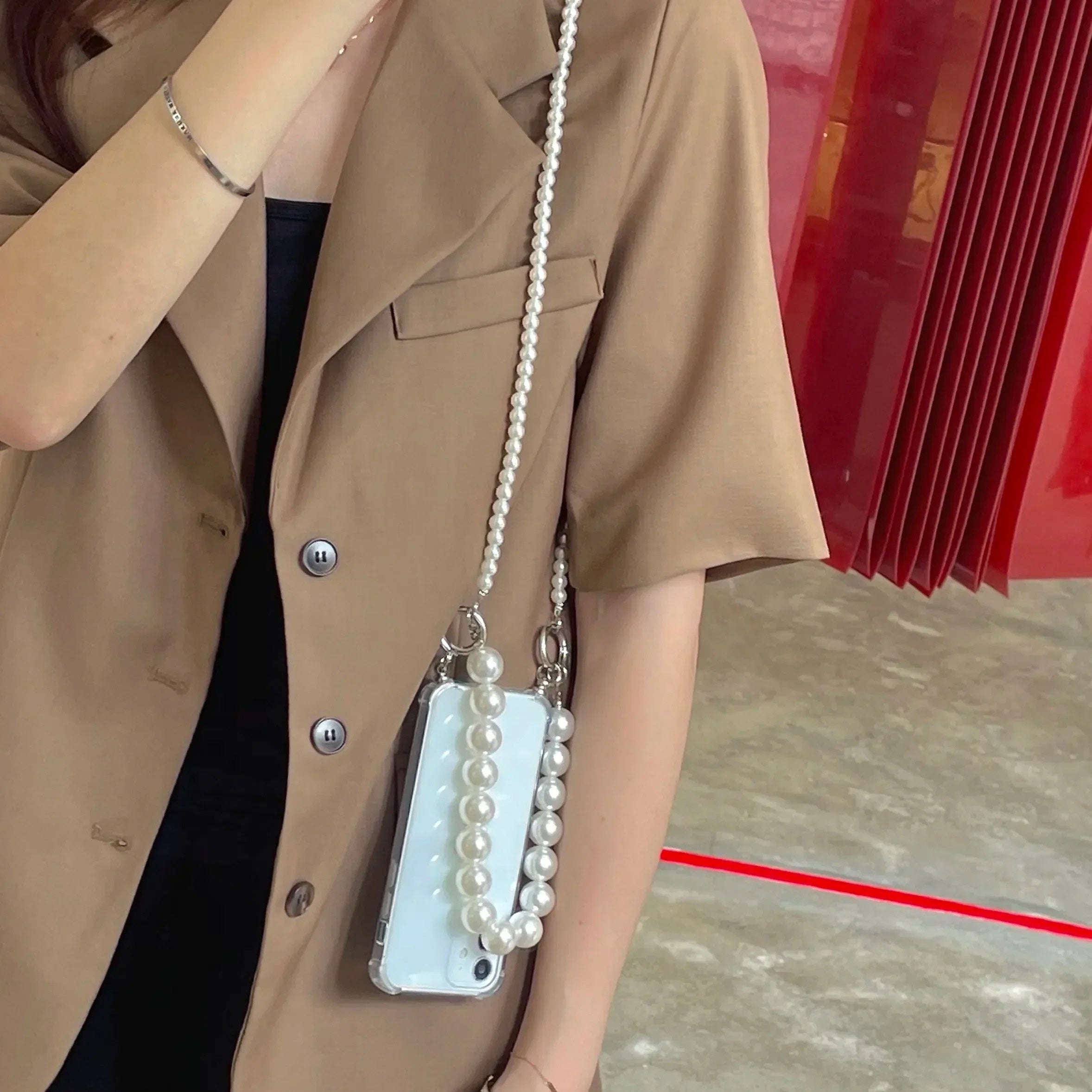 Pearl Chain Crossbody Phone Case for iPhone 11-16 Pro Max TPU Shockproof