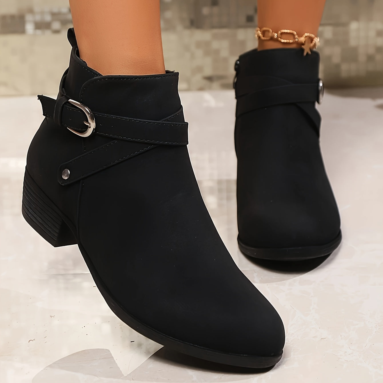 Women's Nude Short Ankle Boots Low Heel Side Zipper