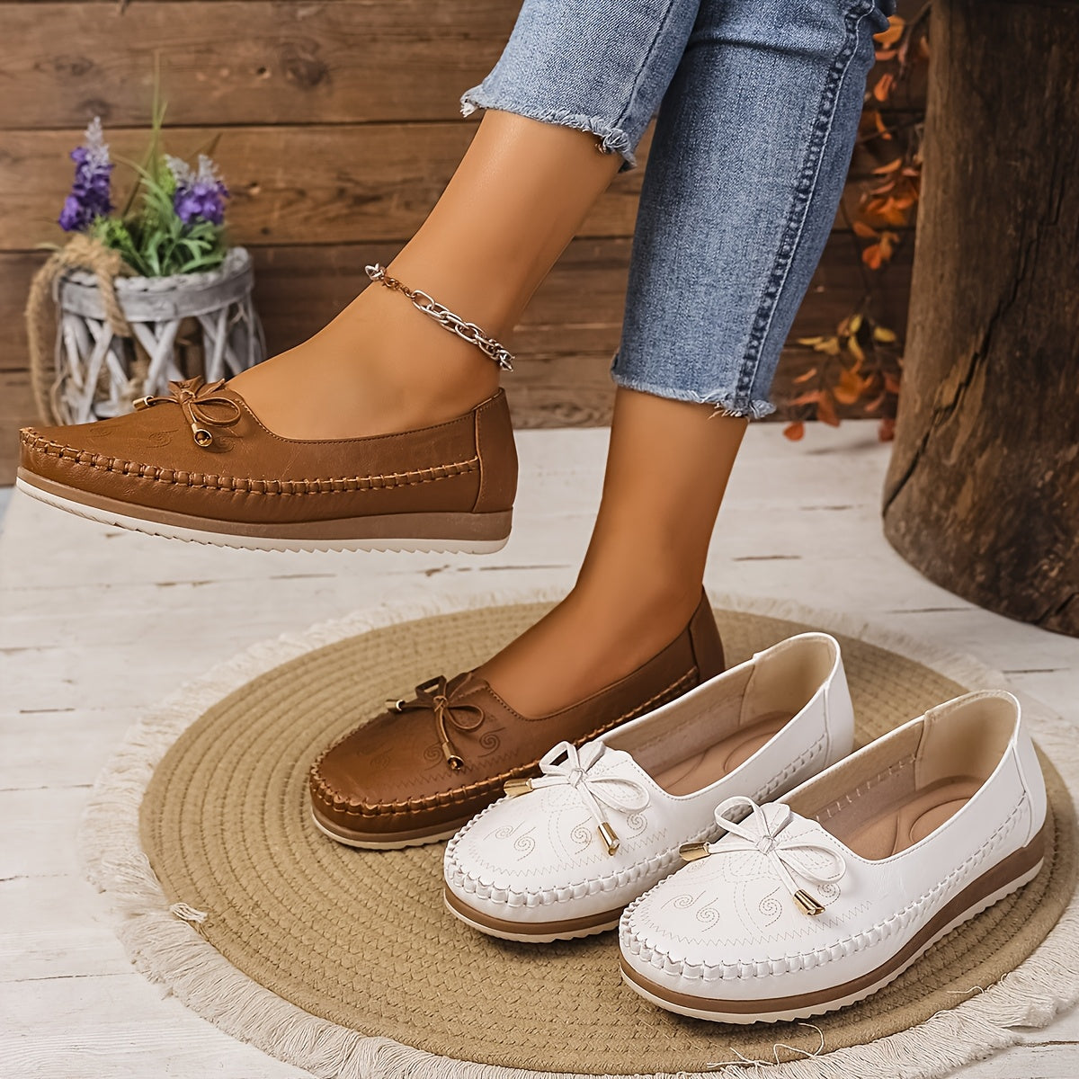 Bailarinas slip-on con estampado animal y correa en el tobillo para mujer