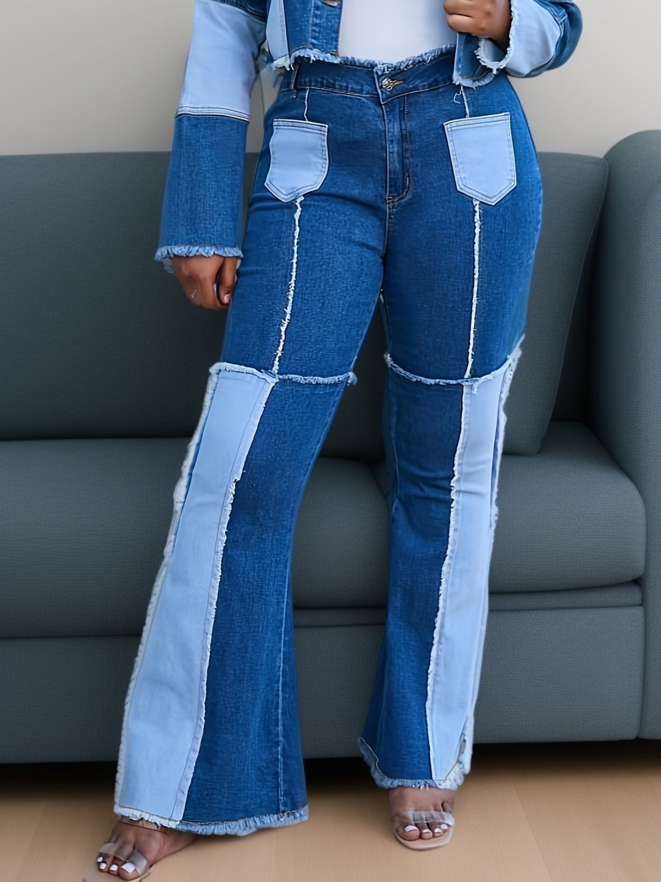 Women's Spliced Flare Jeans Stretch Denim Faded Patchwork All-Season