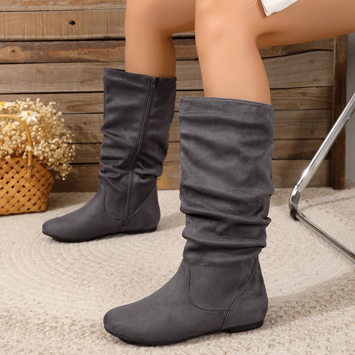 Women's Leather Pleated Long Boots with Side Zipper and Flat Sole