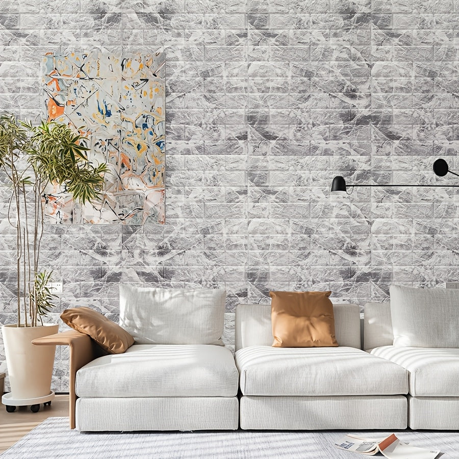 10m suv o'tkazmaydigan o'z-o'zini yopishtiradigan 3D g'ishtli devor qoplamasi stikerlari, kulrang jigarrang marmar naqshli devor bezak uchun