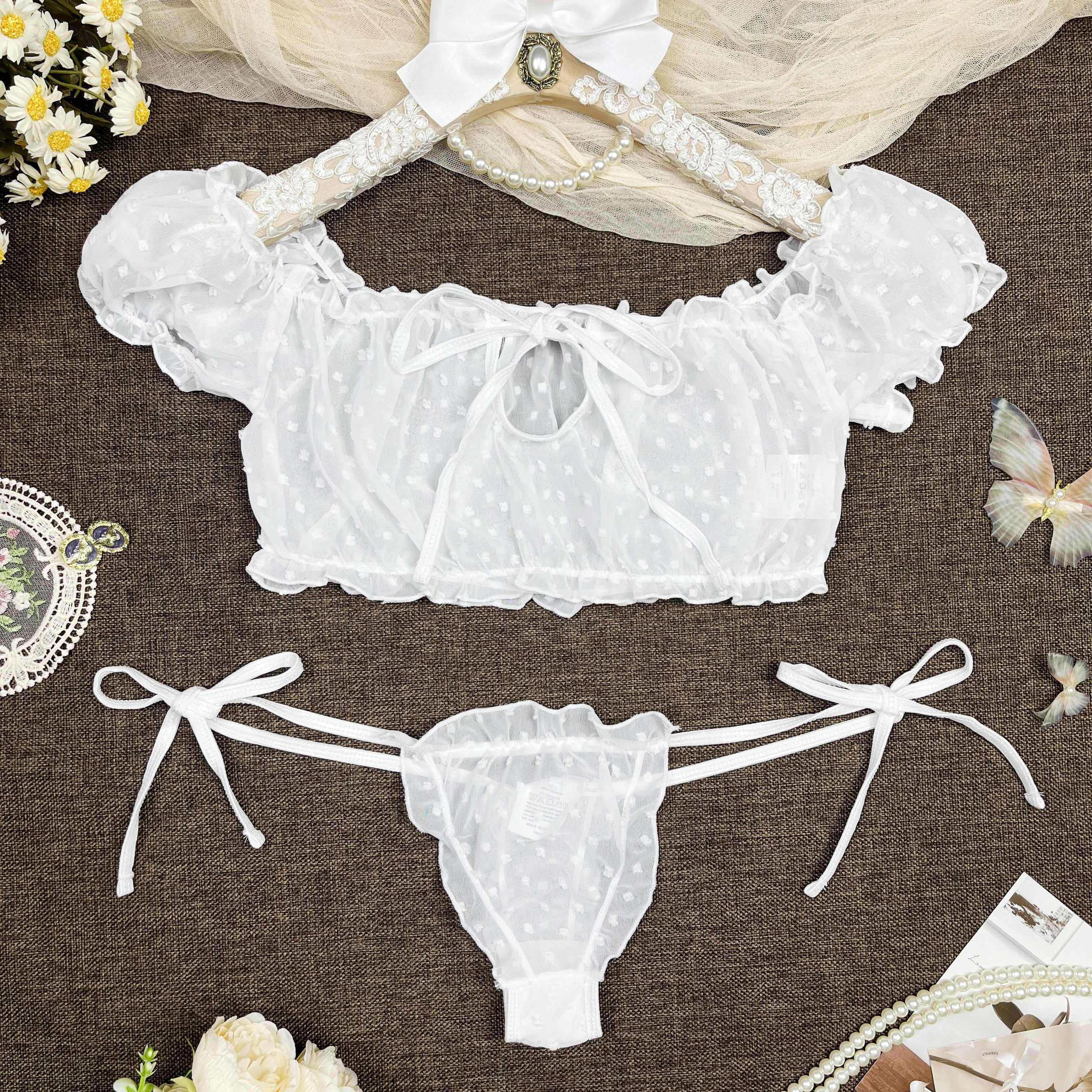 Women's Polka Dot Lingerie Set with Off-Shoulder Tie-Up Top and Thong in Breathable Mesh