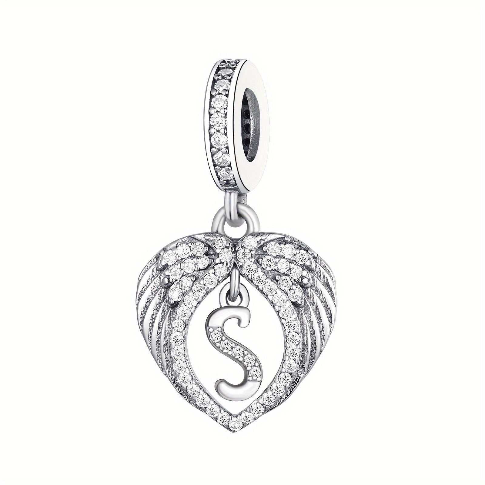Sterling Silver Heart-Shaped Wing Pendant with Zircon Letter for DIY Jewelry
