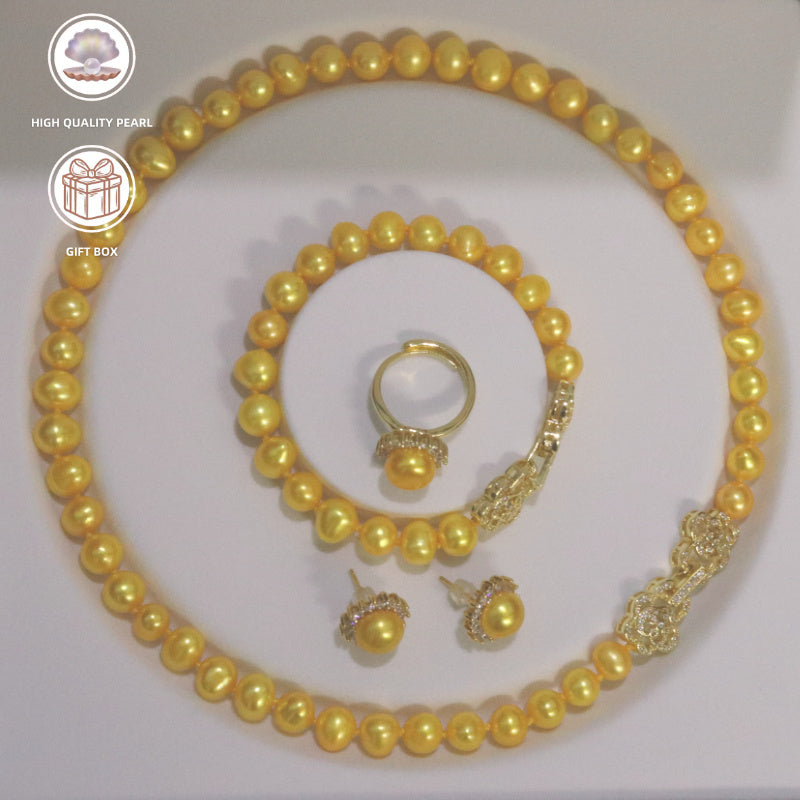 Gold Tone Jewelry Set with Pearl Necklace Bracelet Earrings and Ring