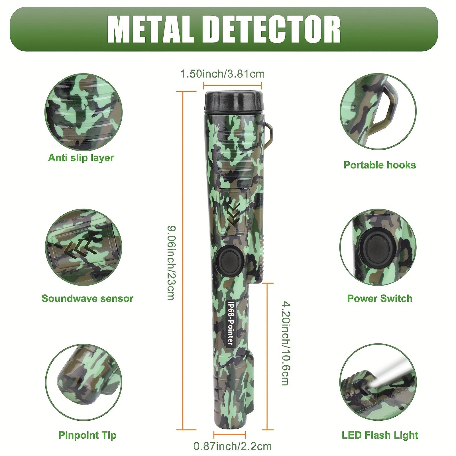 Handheld Metal Detector with High Sensitivity 360° Detection LED Light Vibration Audio Alerts Battery Operated