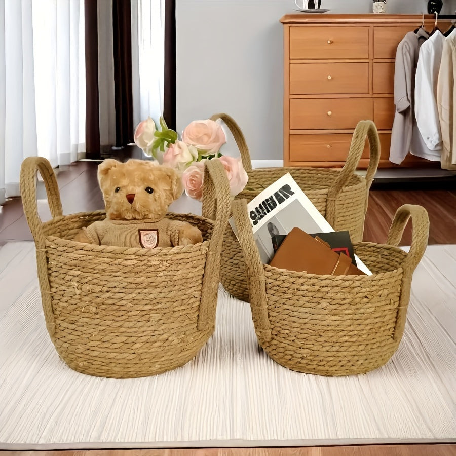 Handmade Woven Storage Baskets with Rustic Grass Finish for Laundry and Home Organization