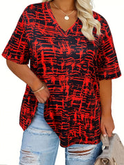 Plus Size Black and White Abstract Print V-Neck T-Shirt for Women Short Sleeve Casual Spring Summer