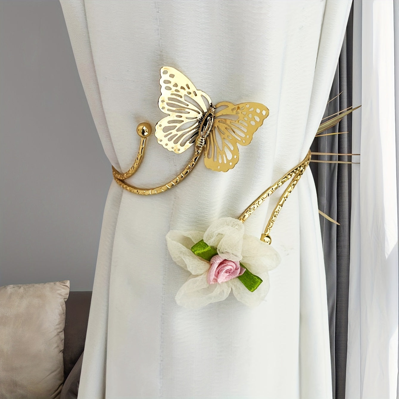 3D Butterfly Flower Faux Pearl Curtain Tieback Decorative Curtain Holder for Living Room Bedroom
