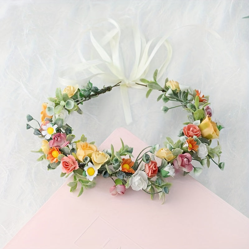 Spring and Summer Floral Crown Headband with Roses Daisies Water Grass for Parties Bridal Gifts
