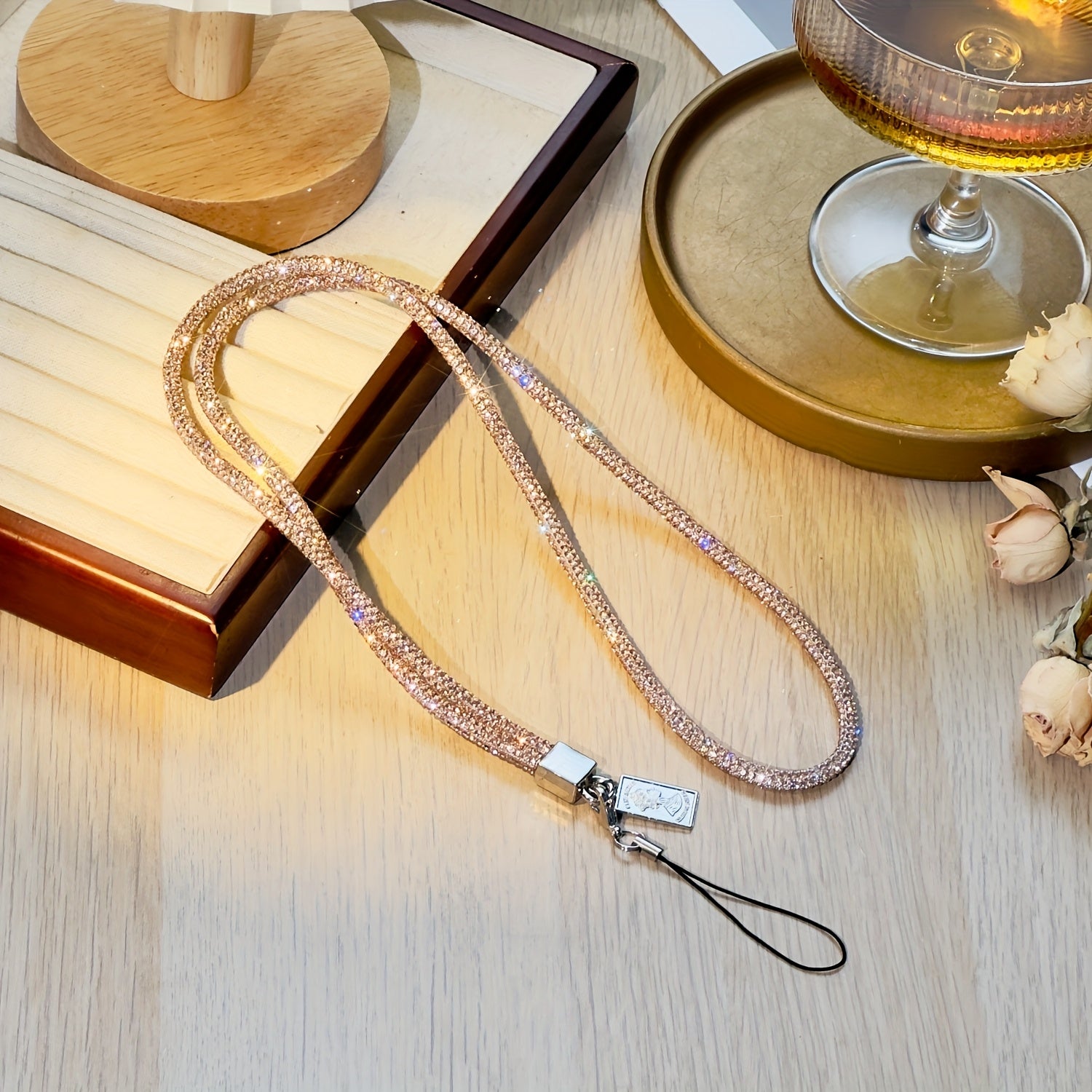 Chic Crystal Necklace Phone Holder for Women with Keychain Black Lanyard