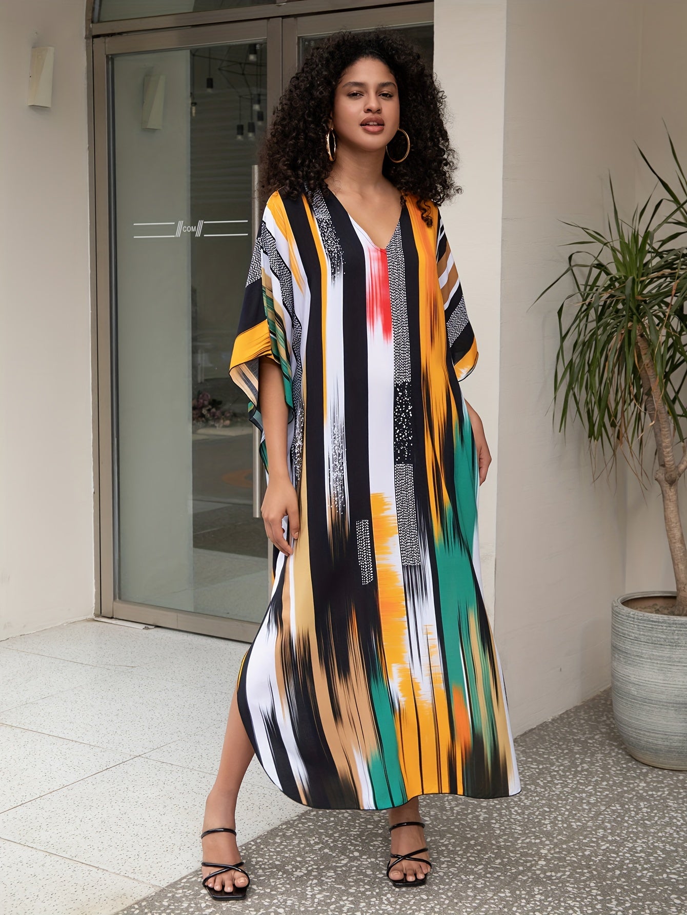 Plus Size Colorful Striped Boho Cover Up Dress V-Neck Woven Viscose