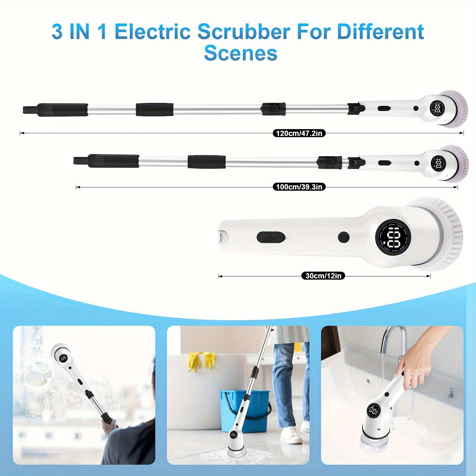 Rotating Electric Cleaning Brush with 8 Brush Heads, Battery Indicator, for Kitchen, Car, Tile, Floor