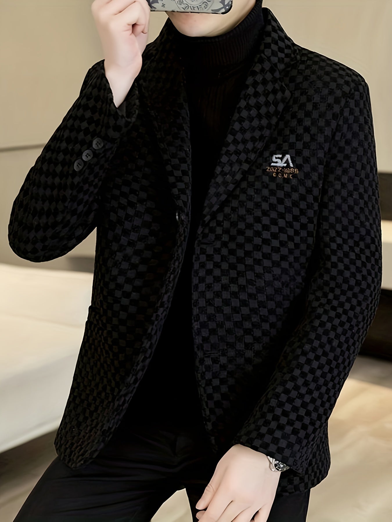 Мужской пиджак из гингема из полиэстера для осеннего сезона с лацканом и классическим кроем