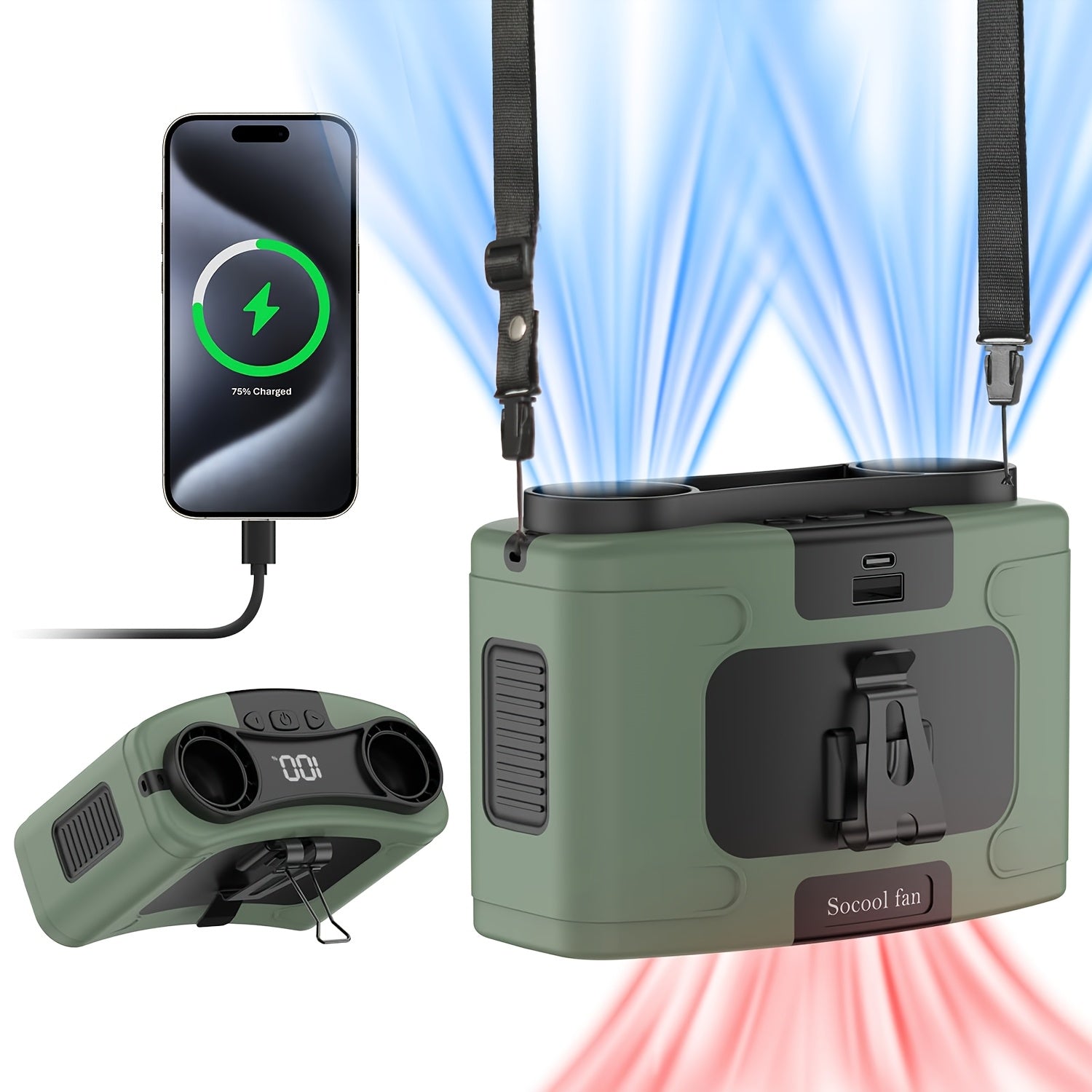 Wearable Waist Fan with Rechargeable Battery, 10 Speed Settings, Portable