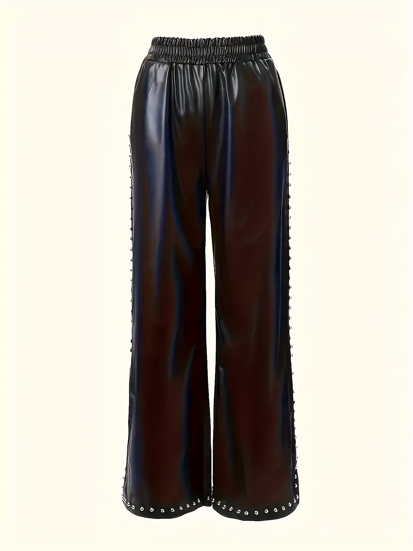 Women's Wide Leg PU Leather Pants Beaded Details Black Casual Long Pants