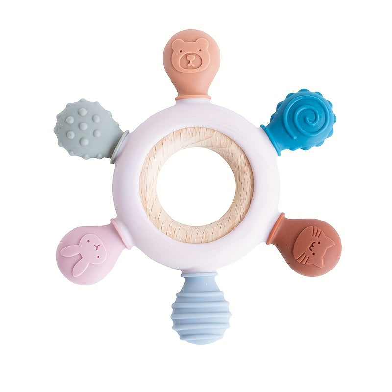 Baby Teether Silicone Rudder Shape with Wooden Ring BPA Free for Newborns