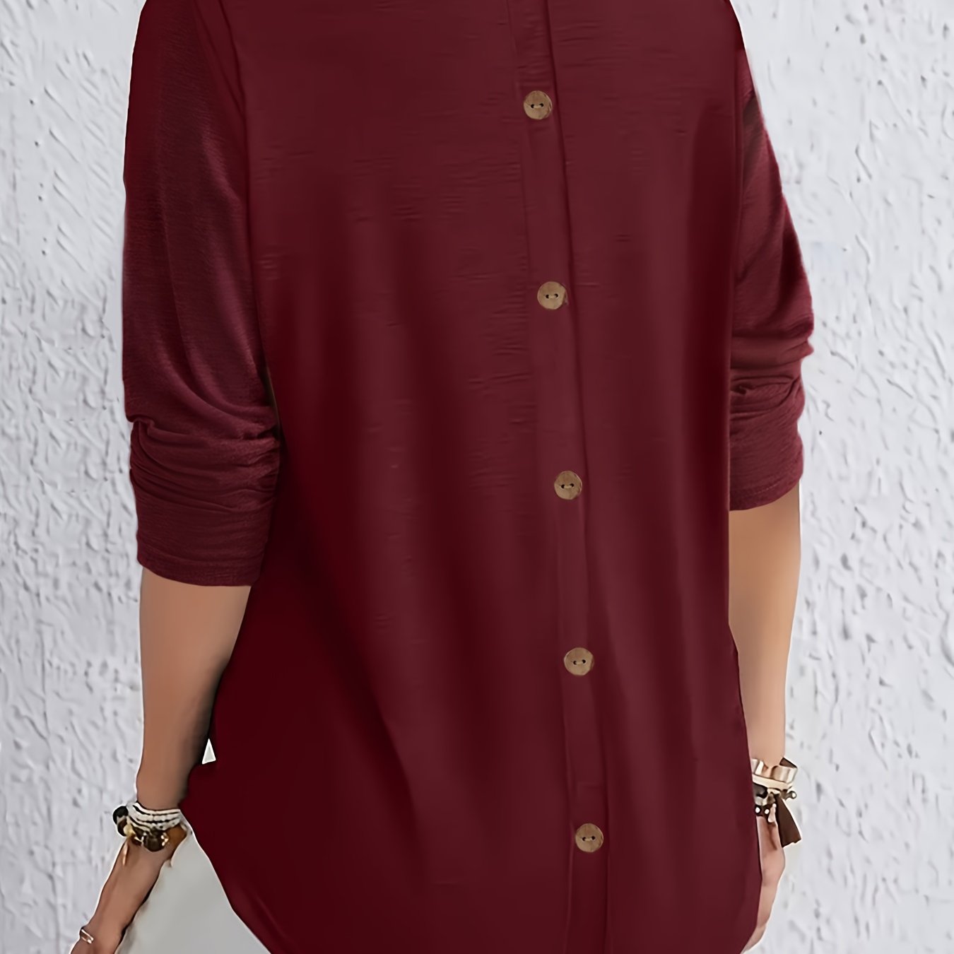 Plus Size Long Sleeve Top for Women with Button Back Crew Neck Solid Color Autumn Spring