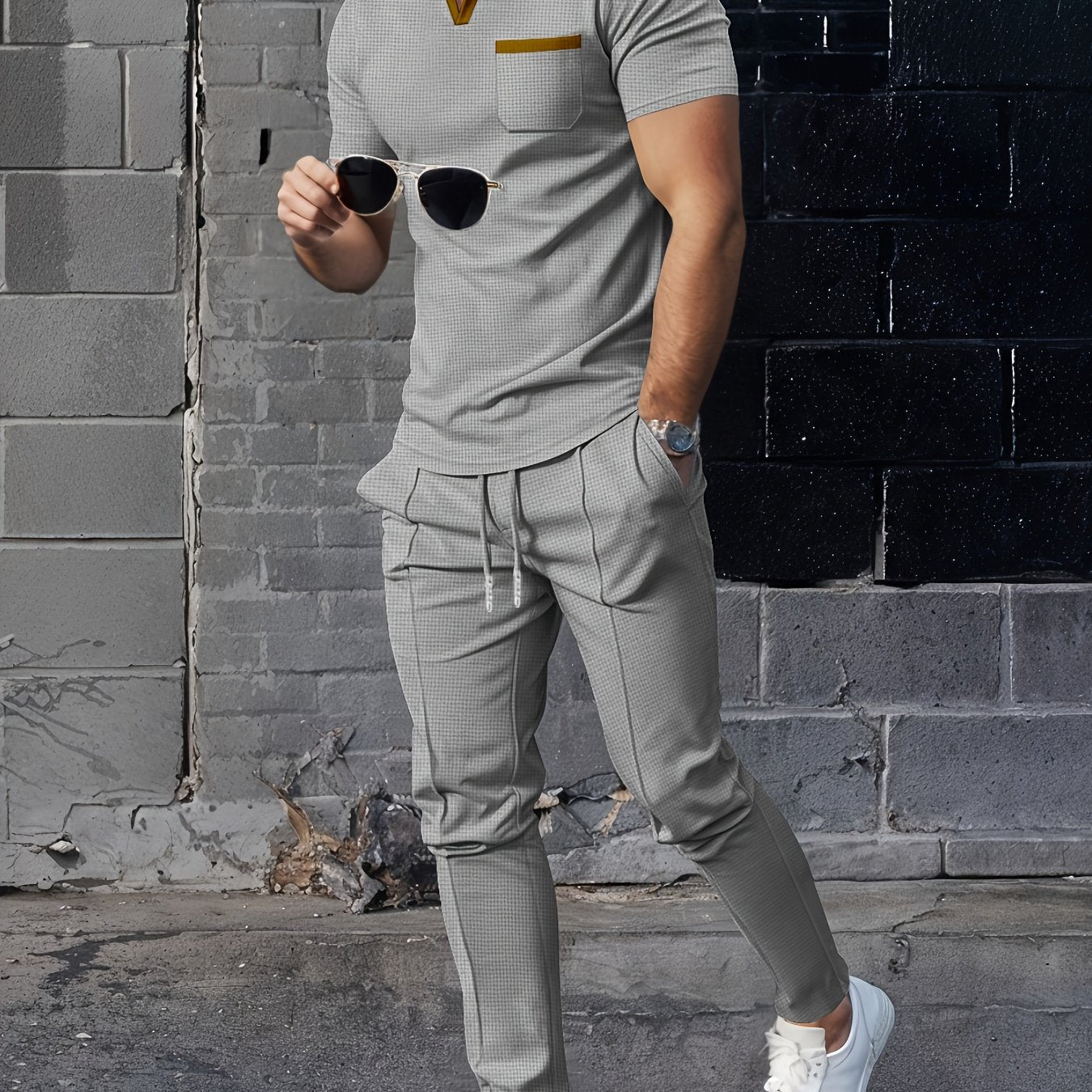 Men's Casual Set Waffle Collar Short Sleeve Top and Long Pants Solid Color Summer