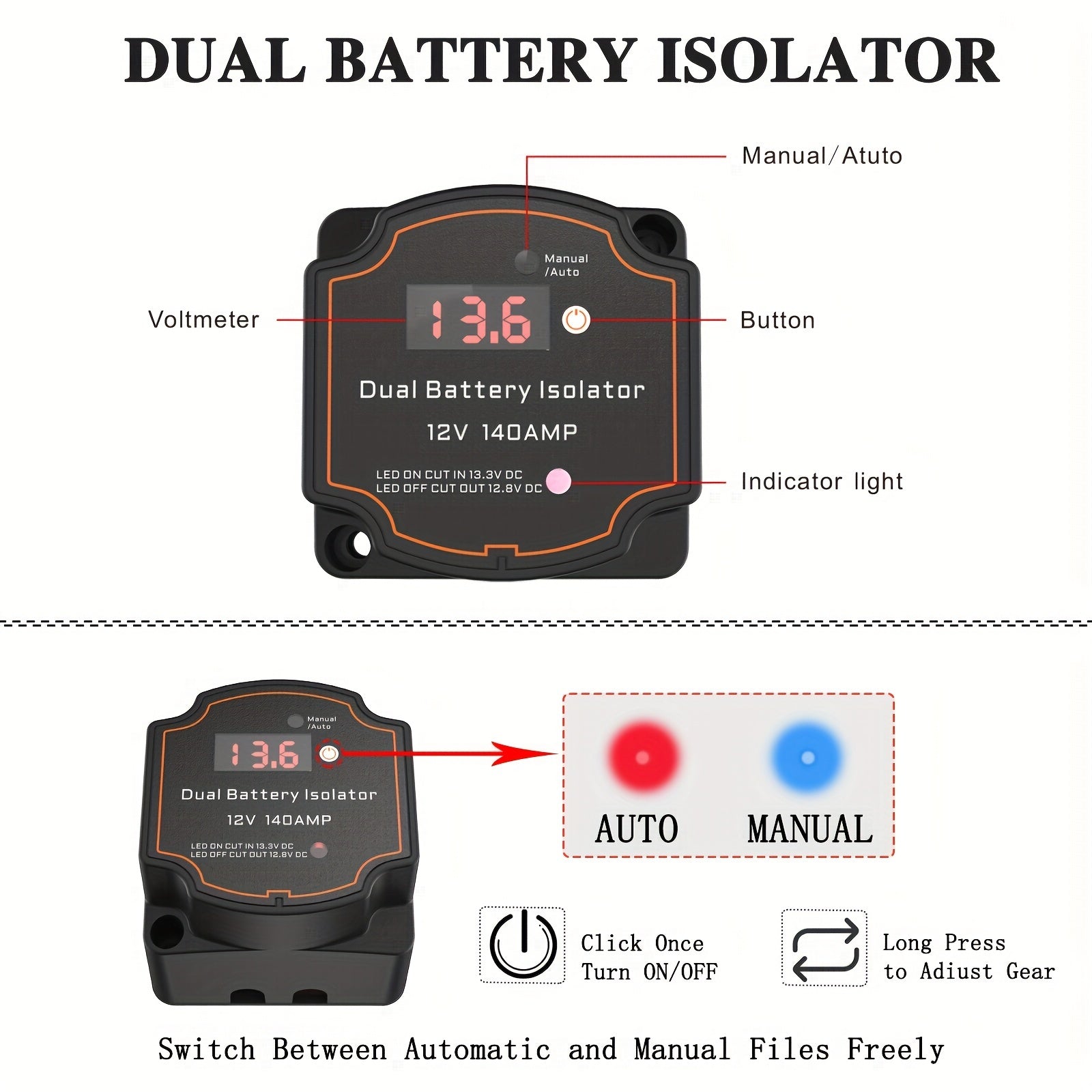 Universal 12V Ikki Batareya Izolyatori va Kuchlanish Ko'rsatkichi uchun ATV va Qayiqlarga
