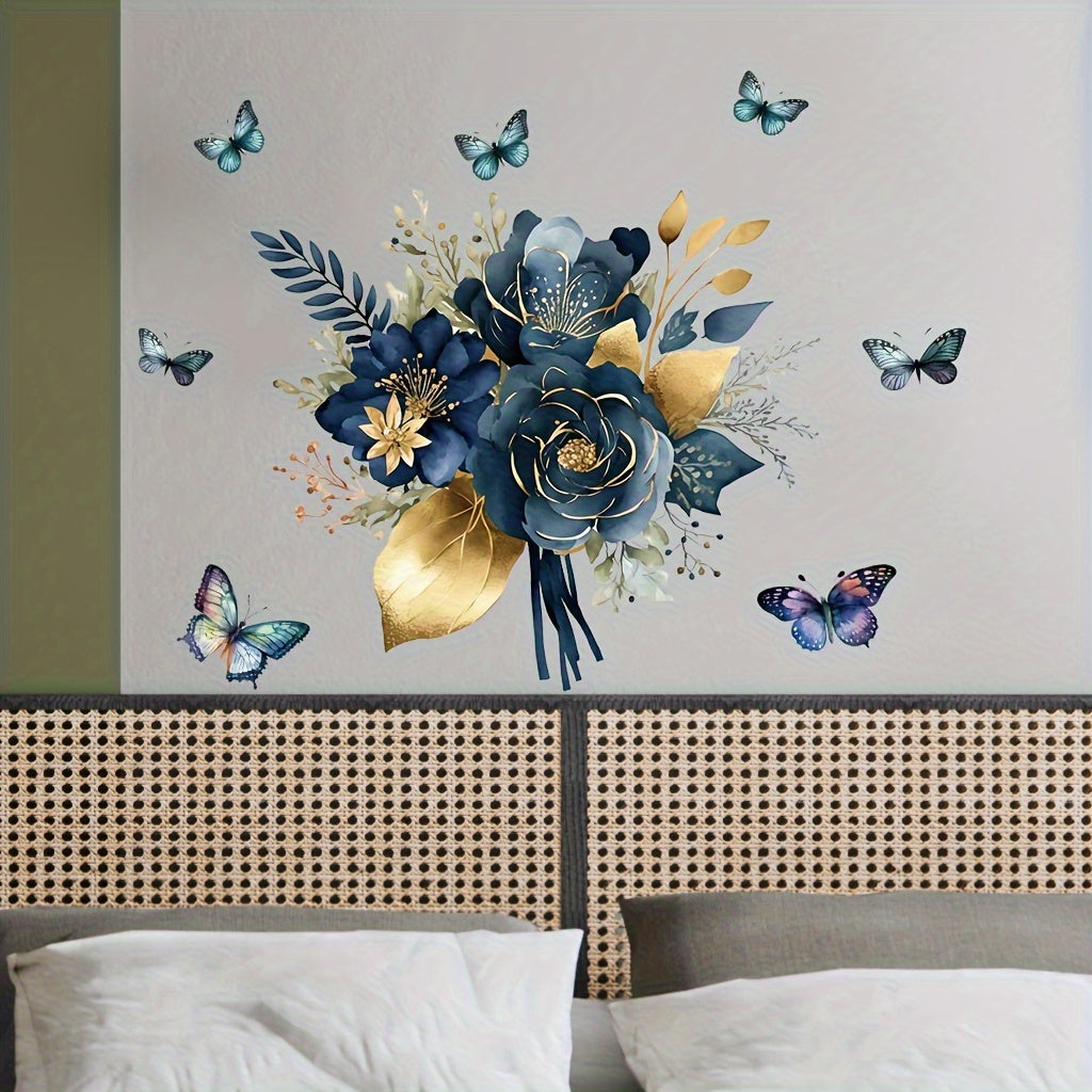 Blue Flower Butterfly Wall Sticker Removable PVC Decor for Kitchen Walls
