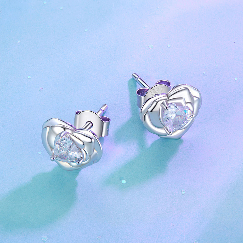Women’s Heart and Rose Stud Earrings Hypoallergenic Sterling Silver Cubic Zirconia Gift