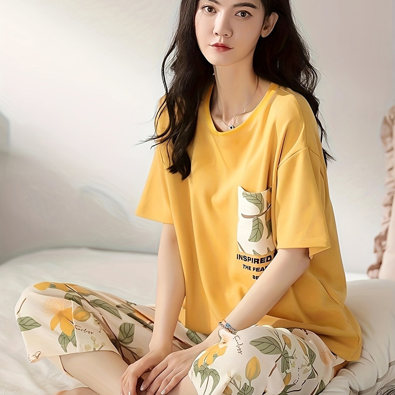 Women's Floral Print Summer Loungewear Set Short Sleeve Tee Capris