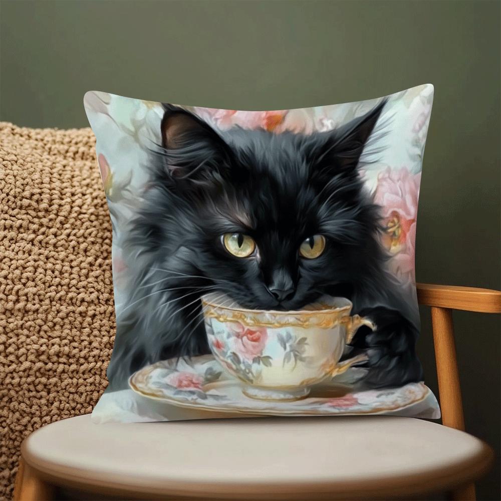 Retro Chic Cat Oil Painting Throw Pillow Cover 45cm Sofa Office Decor Zipper