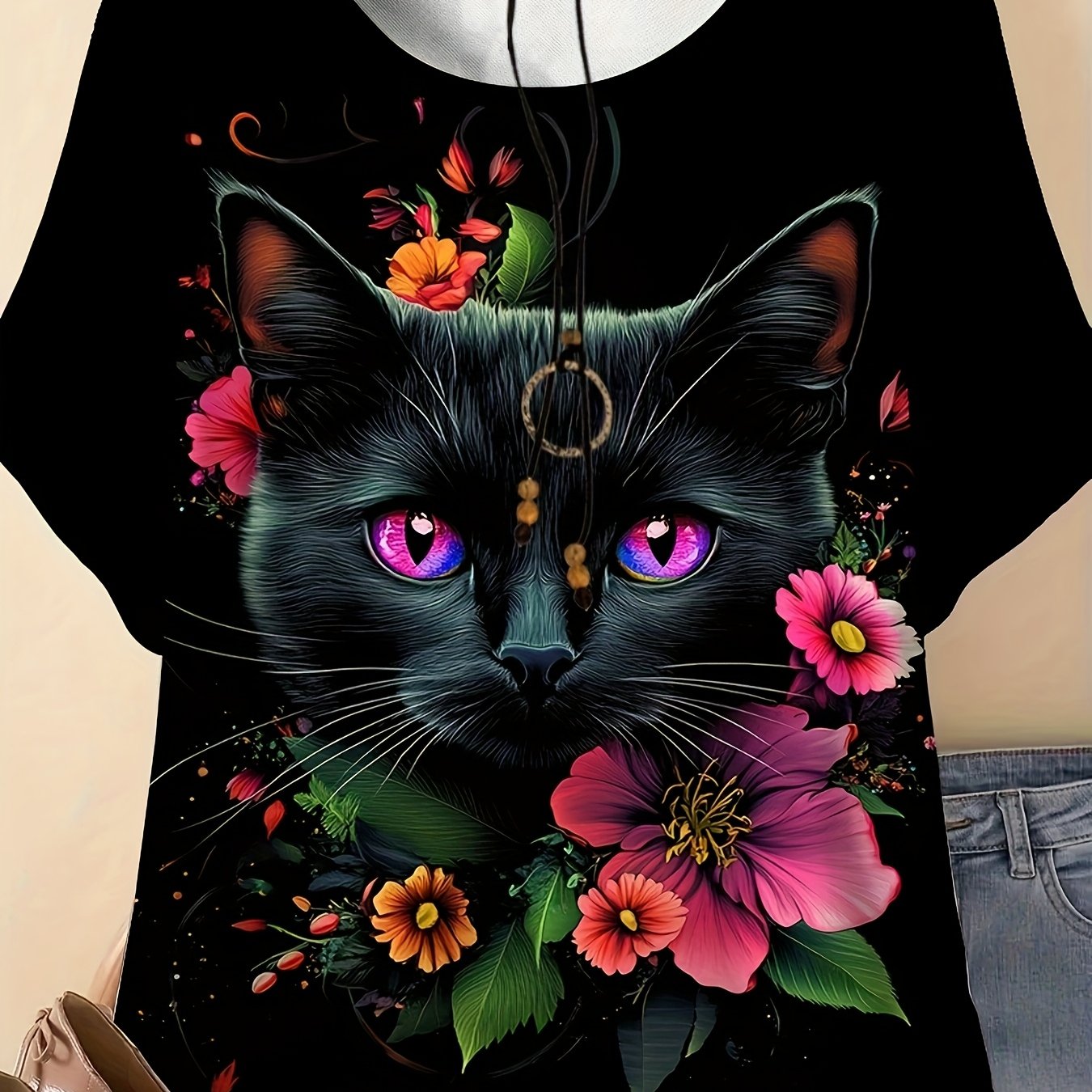 Plus Size Women's Floral Cat Print Short Sleeve T-Shirt Summer Casual Top
