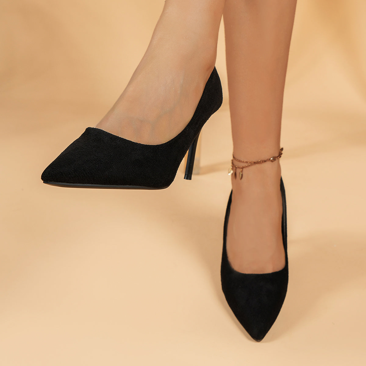 Women's Black Slip-On Stiletto Court Pumps with Pointed Toe and Lightweight Fabric Upper