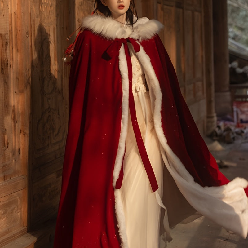 Красный накидка с пайетками и воротником из искусственного меха для женщин, стильный костюм и гламур