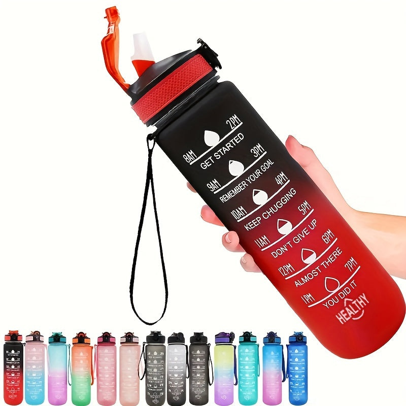 Botella de agua de 32oz con marcador de tiempo y color degradado para fitness y uso al aire libre