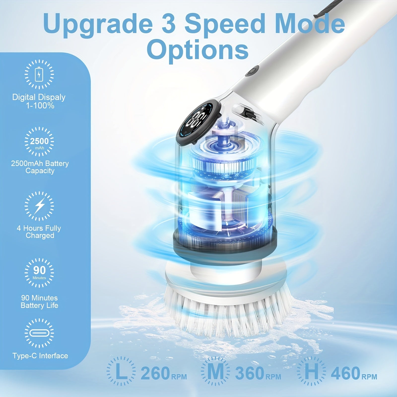 8 ta cho'tka boshli aylanuvchi elektr tozalash vositasi, sozlanadigan tezliklar, qayta zaryadlanuvchi