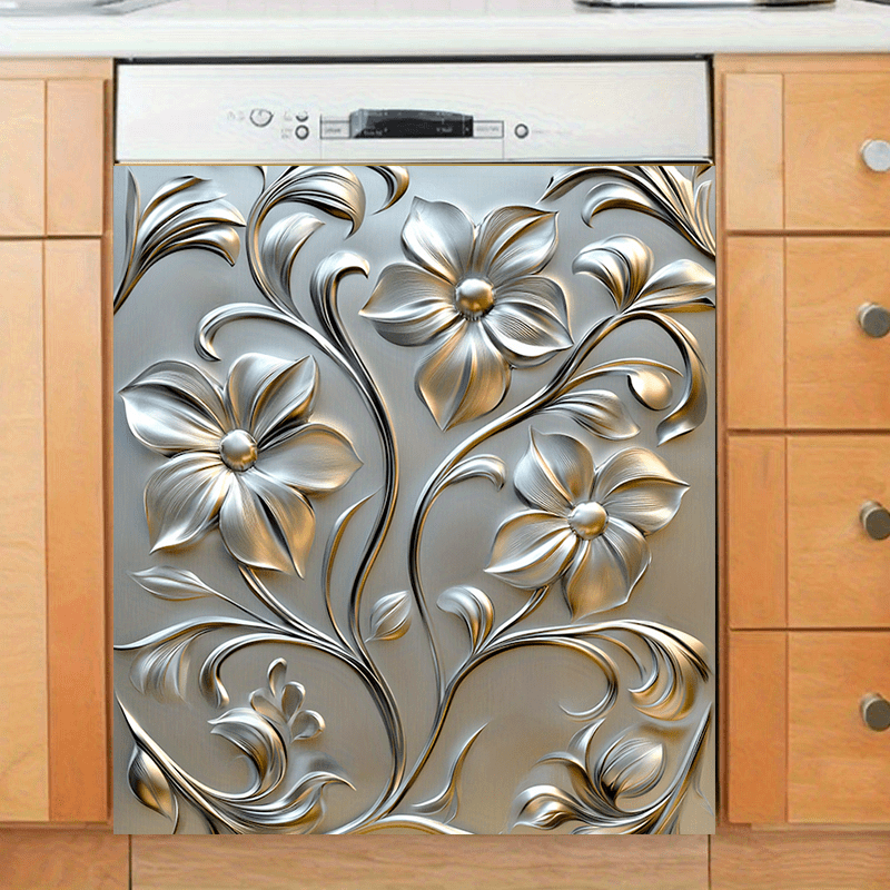 Imán de puerta de lavavajillas de PVC con diseño floral metálico 58.5x65cm, a prueba de agua y manchas